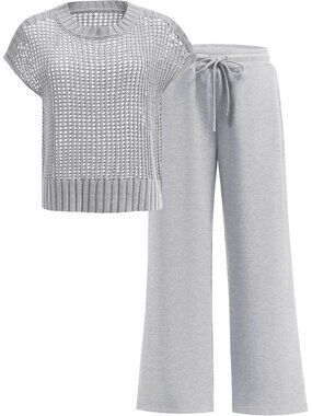 🆕Women Grey Two Piece Outfits Crochet Sheer Knit Sweater Top Wide Leg Pants
